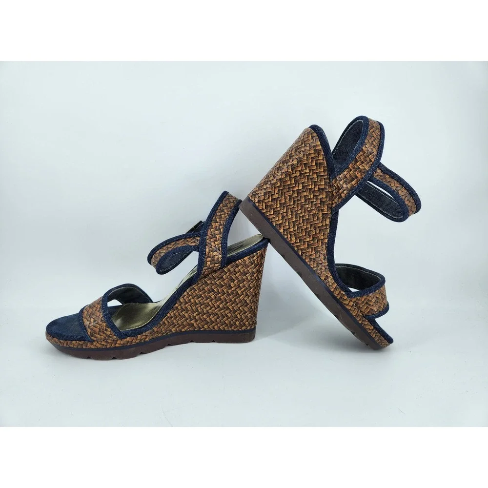 Skechers Wedge Sandals Women 9‎ Blue Denim Brown Woven Platform 38268